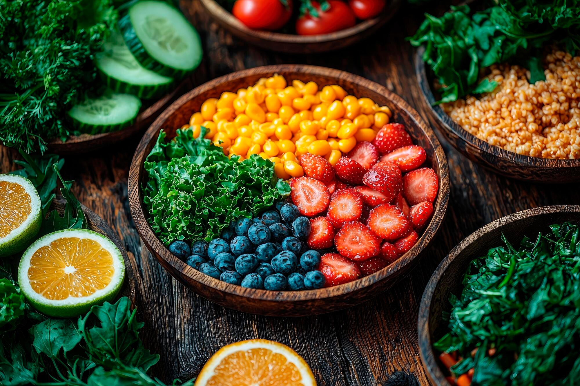 Plato colorido con vegetales y frutas ricos en nutrientes beneficiosos para la salud ocular